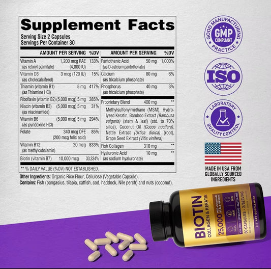 Biotin | Hyaluronic Acid | Collagen | Keratin Supplement